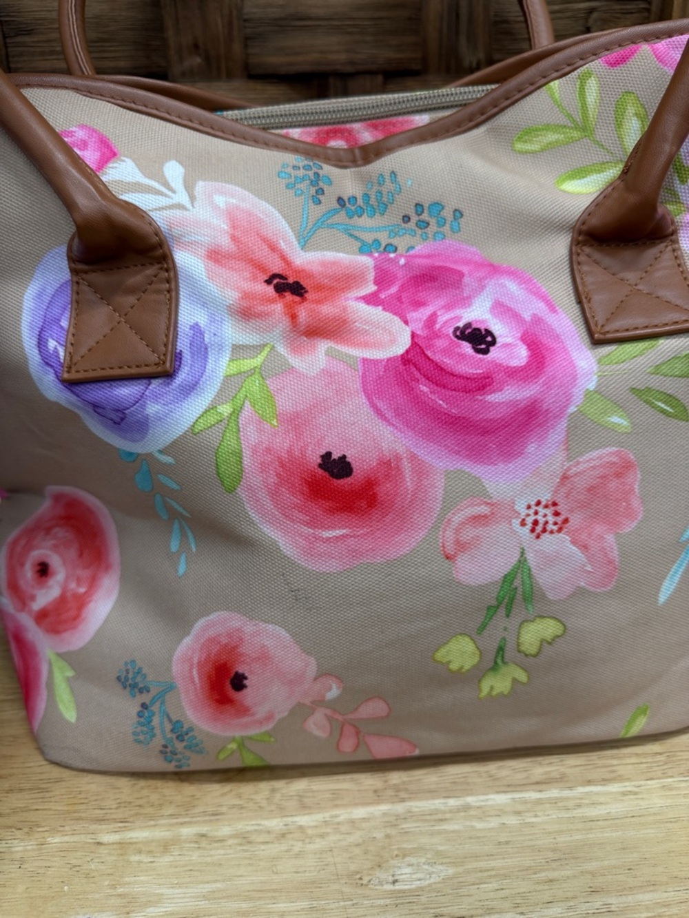 Tupperware Pink & Purple Floral Beige Tote with Brown Handles - Picture 3 of 5